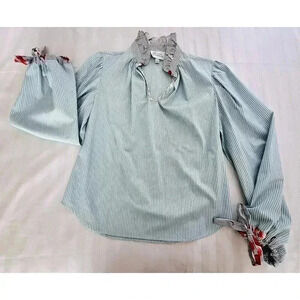 Joey Wolffer Womens Long Sleeve Stripe Floral Print V Neck Top Blue Size XS/S